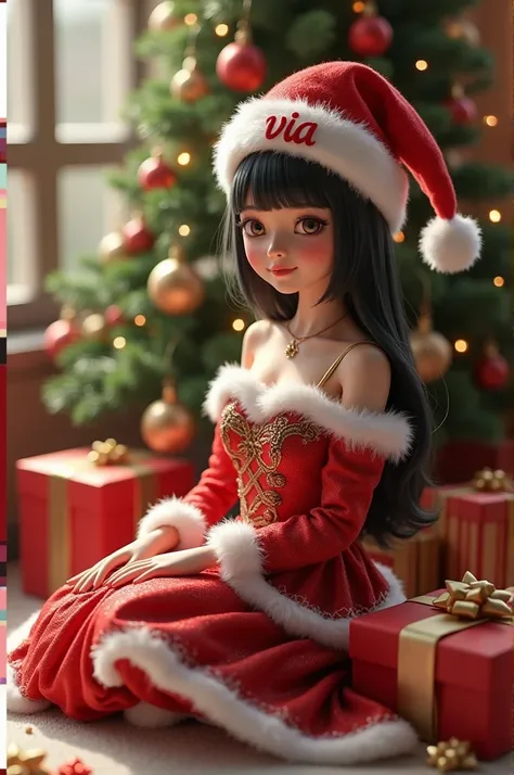 Korean female idol beautiful white black hair wearing elegant santa dress sitting next to christmas tree with christmas present around her wearing santa hat with name “VIA” 3D animation