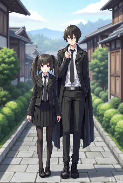 Two Japanese people、 black hair、 twin tails、smile、 big eyes、shiny black cloak、shiny black leather suit、 white shirt、 ties、 black skirt 、 black tights 、 shiny black high cut sneakers、I have a small trunk、 garden 、 gentle smile、Buildings、Many people、3d
