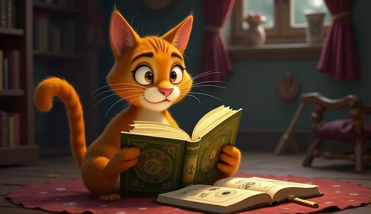 "A funny scene of Puss in Boots reading an astrology book, his eyes wide with astonishment."