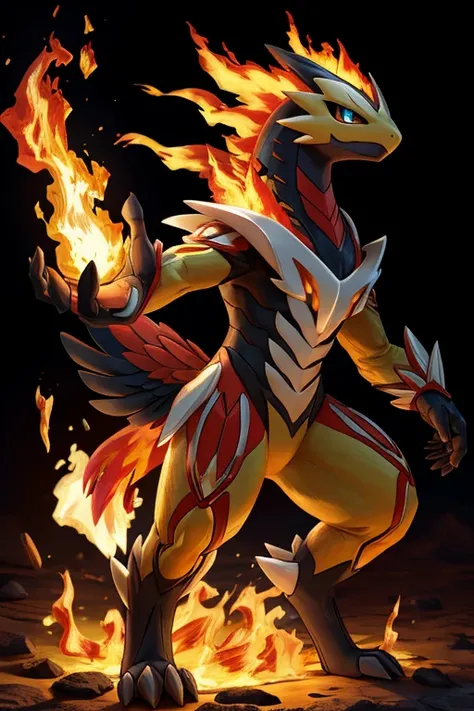  Pokémon、Flame/flight type 、maleの Pokémon、male、伝説の Pokémon、 design that gives a strong and bright impression 、 feathers flow like fire 、 shines bright orange or gold 、 Is a red or yellow flame pattern that looks like its burning、 has a toned body and a fir...