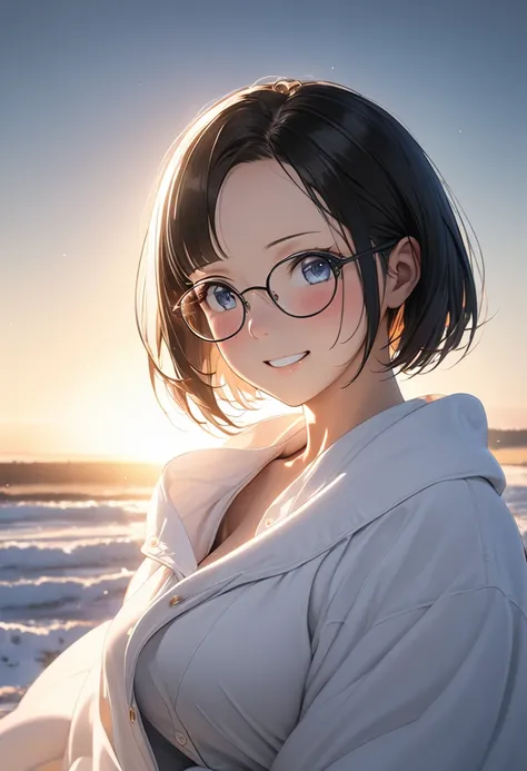 RAWphoto,photorealistic,8k16k,best quality,perfect anatomy,perfect detailed,ultra highres, extremely detailed eyes and face,gleaming skin,shiny skin,1girl,Japanese,black short hair,pixie cut, (wearing glasses:1.3),(parted bangs,forehead:1.2),round face,med...