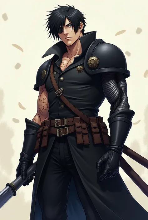 Guts is the main character of the Berserk manga 
Appearance : High, , a muscular brunette with sharp facial features . The body is covered with a network of scars ,  obtained in numerous battles .  He wears dark-colored clothes , , as a rule ,  wears a she...