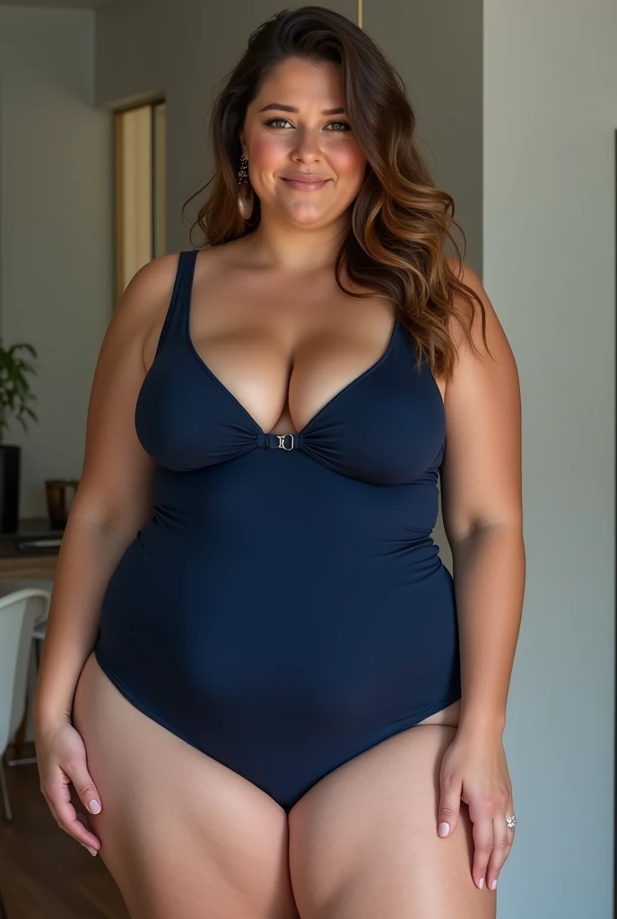 Chubby beautiful white Caucasian girl modeling a dark blue one-piece swimsuit full body medium size breasts,  in front of the spectator 