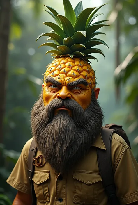 The pineapple character stands tall with a head shaped like a textured, spiky pineapple. Its face has a wise and serious expression, featuring thick eyebrows, a stern gaze, and a long, rough beard resembling the pineapples natural texture. The leafy crown ...