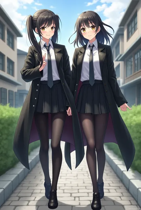 Two Japanese people、women、 black hair、 twin tails、smile、 big eyes、shiny black cloak、shiny black leather suit、 white shirt、 ties、 black skirt 、 black tights 、 shiny black high cut sneakers、I have a small trunk、 garden 、 gentle smile、Buildings、Many people、3d...