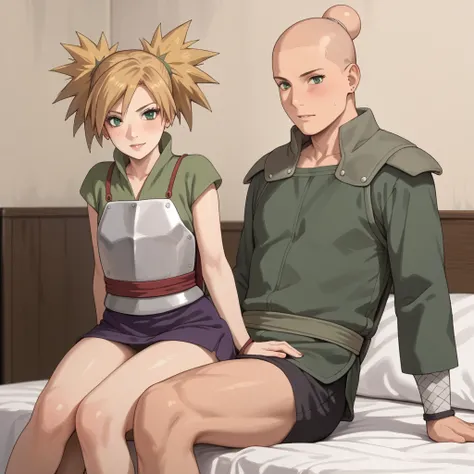 Temari, 1girl, temari, quad tails, blonde hair, green eyes, (white long-sleeved shirt, chest protector, dark purple skirt),  bed, perfect body, perfect Hips, beautiful legs, sexy legs. 1boy, bald_boy, size_difference, bigger male, smaller female, cheating,...