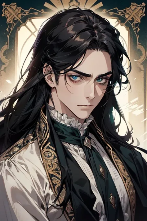 1 macho, adult, beautiful,cold expression， long black hair ， upper body， blue-green eyes ， clear eyes，close up，sharp eyes，Noble, duke,  Victorian era.  with a soft expression .