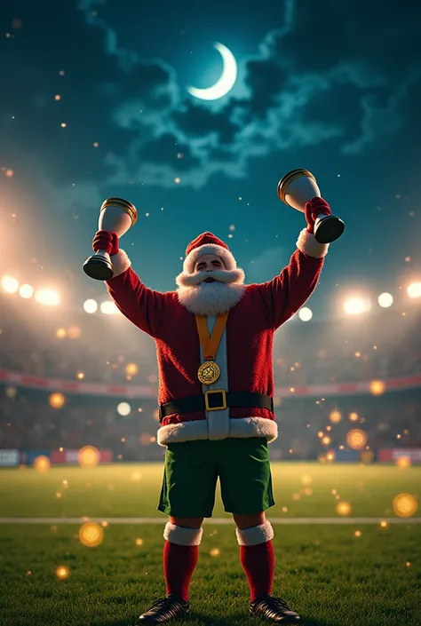 The character would be seen wearing a costume ,  with a gold medal on and raising a white cup,  would be in the middle of a soccer field at night ,  the field would be full of Christmas lights ,  and Santa Claus would be seen in the sky next to the moon 