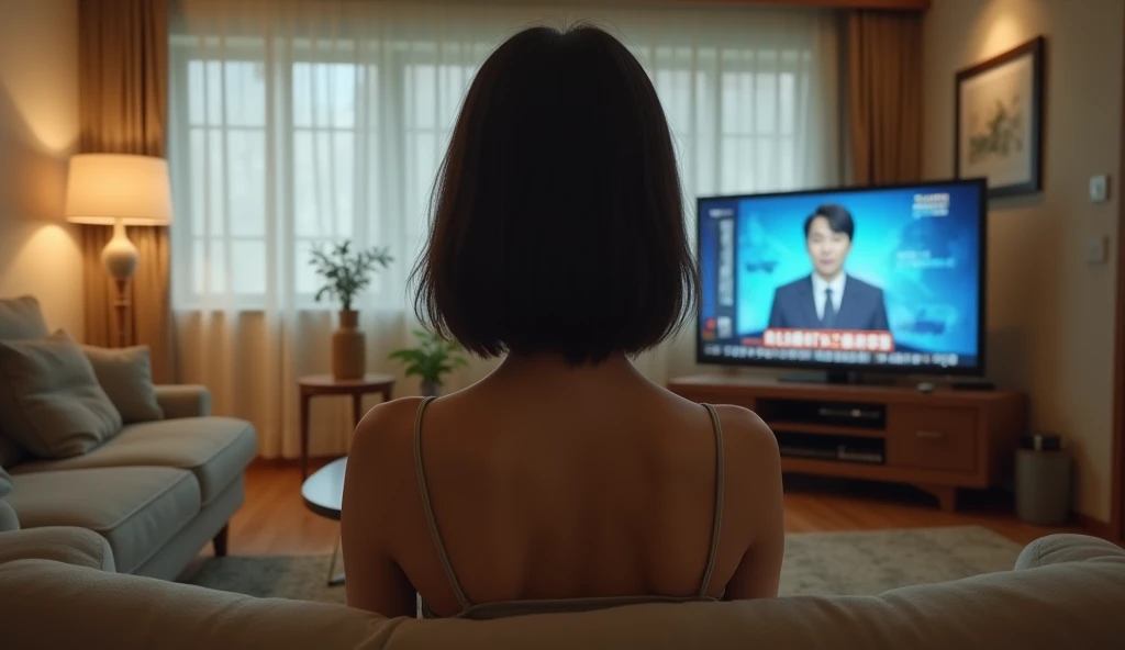 A hyper-realistic image of a young Japanese woman sitting on a comfortable sofa in her living room, viewed from behind. She is watching a television directly in front of her, which is displaying a news broadcast, including a visible anchor and a scrolling ...