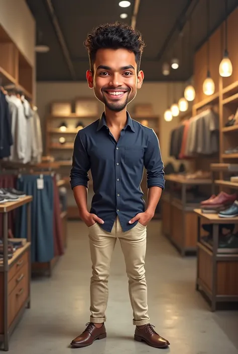 Caricature 4D.  Indonesian man 30 years old . Short hair curly curls neatly curled .  wears a dark blue shirt cream jeans. leather shoes standing in the store . realistic focus 