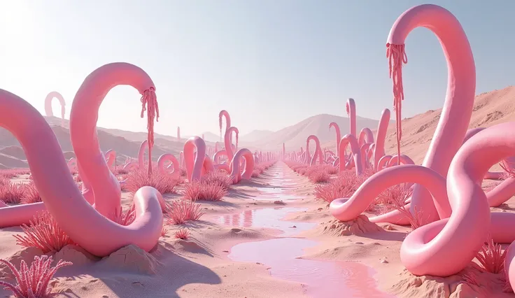 landscape of a desolate desert planet. No people. Clear sky. Large pastel pink tentacles of different lengths are growing out of the ground, like plants, all the way from foreground to the distance, the tentacles are smooth and very shiny and look wet. The...