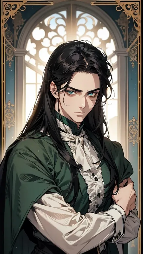 1 macho, adult, beautiful,cold expression， long black hair , 32 years old， upper body， blue-green eyes ， clear eyes，close up，sharp eyes，Noble, duke,  Victorian era.  with a soft expression .