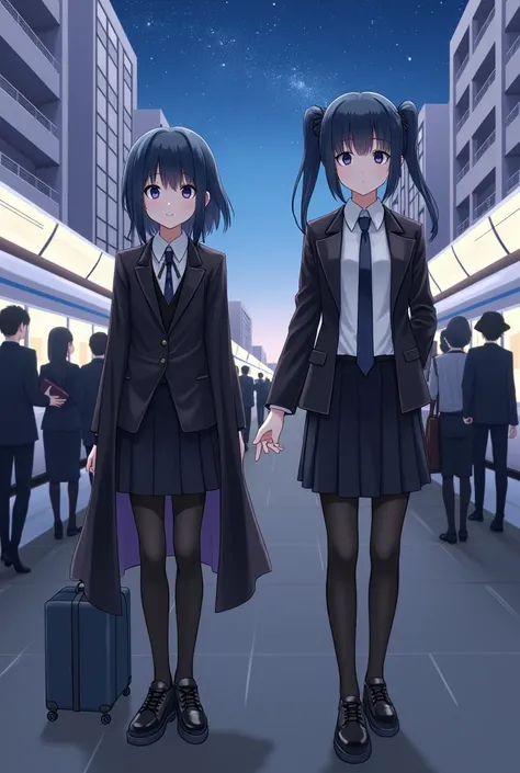 Two Japanese people、women、 black hair、 twin tails、smile、 big eyes、shiny black cloak、shiny black leather suit、 white shirt、 ties、 black skirt 、 black tights 、 shiny black high cut sneakers、I have a small trunk、 Station Home 、 gentle smile、White Shinkansen w...