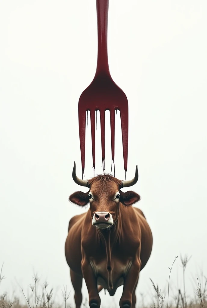 Une vache apeurée, dans un ciel blanc et au dessus delle une large fourchette sanguinolente 