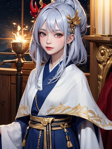 masterpiece， top quality ，8k， detailed skin texture， detailed cloth texture，Beautifully detailed face， complicated details， super detailed ，Rei Ayanamiの肖像， Silver Hair，Red colored eyes， black headgear on the head,Pixieカット，Shining Skin Hair Ornaments, gold ...