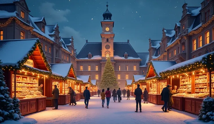 A Christmas market in front of the Christmassy decorated town hall in the city 