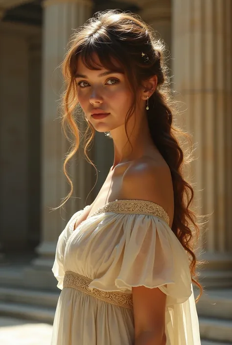 A beautiful goddess with brown hair with bangs. Her hair is tied. She has brown eyes. She is wearing a Greek goddess dress.