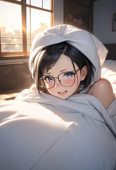 RAWphoto,photorealistic,8k16k,best quality,perfect anatomy,perfect detailed,ultra highres, extremely detailed eyes and face,gleaming skin,shiny skin,1girl,Japanese,black short hair,pixie cut, (wearing glasses:1.3),(parted bangs,forehead:1.2),round face,med...