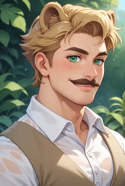 Muscular gentleman. 35 years old. Refined but primal Lion demihuman, lion ears and tail with human body. Wide square face, defined cheekbones and smile lines. Deep Side parted short blonde hair, chiseled wide jaw, roman nose, mustache, stubble, smiling, bl...