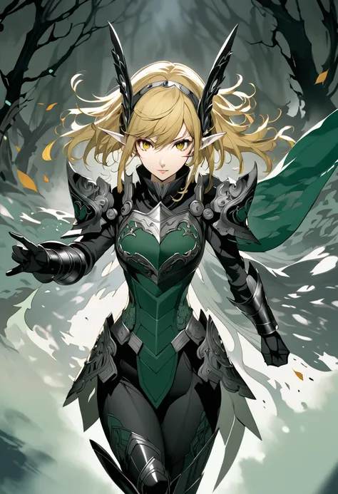 (masterpiece, best quality),Detailed illustration of elf girl, a legendary female knight from 1200s europe, in a highly stylized game character design.elf ear, She stands confidently in an epic pose with a long, flowing middle-short hair(blonde) and tradit...