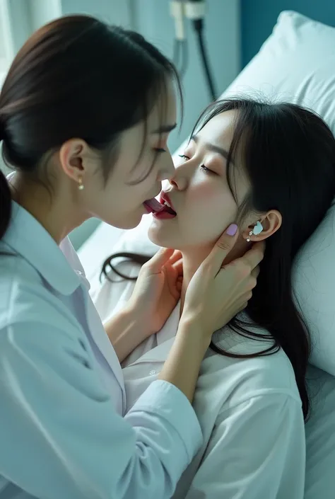 A young Japanese beautiful matured woman is sleeping on a bed, A Japanese female doctor is sitting in front of the woman, ((tongue kiss)), open her mouth ,  tongue sticking out  ,  white milk in her mouth , (holding Japanese female doctor’s face close to w...