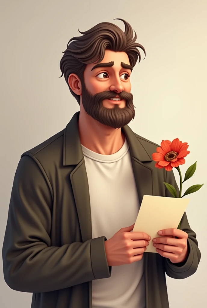 A smart looking 36years old guy, with mild beard, smily,loving face, holding a flower on right hand, and a paper written, i wish i know you