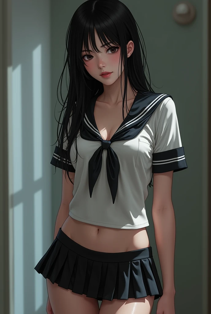 black hair、 girls、Wet Student 、 Short Pleated Skirt、 Black Underwear 、C cup