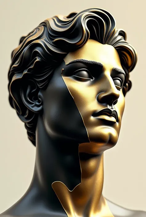 A classical male statue head in 2D style with a starbucks design, featuring bold black lines and gold highlights. The sections of the face are slightly separated, giving a modern artistic twist between  old gold and dark ivory to the traditional sculpture.