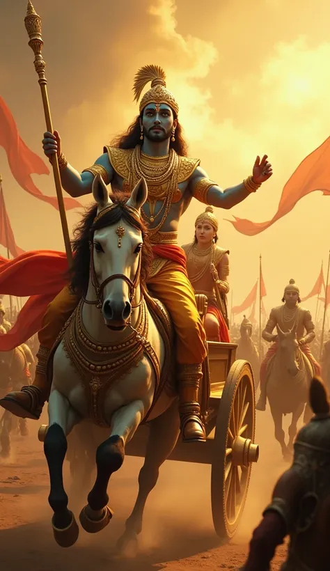 Krishna in his divine charioteer form, driving Arjuna’s chariot on the Kurukshetra battlefield. Golden armor and radiant energy emanating from him as he speaks the Bhagavad Gita. Dramatic visuals with a vast army in the background and the battlefield fille...