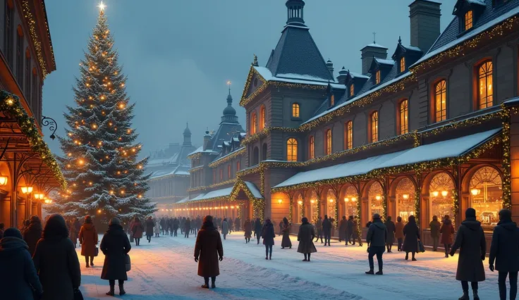 A Christmassy decorated train station with a Christmas tree on the square 