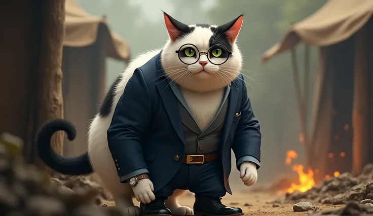  A distinguished anthropomorphic cat with a similar physique to his son, though slightly more mature and imposing. The cat has predominantly white fur with scattered black spots, similar to his son, but his spots are larger and more prominent, giving him a...