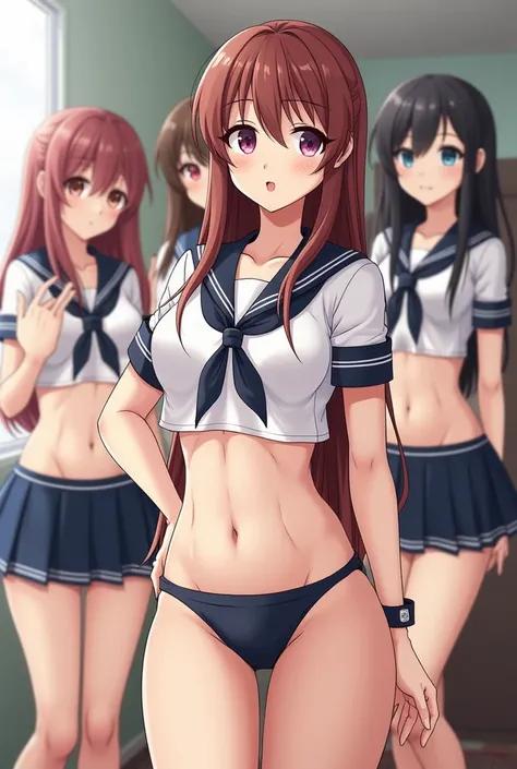 Facing forward、A group of 5 sexy women in anime-style sailor suits are posing 、I have dirty marks engraved on my stomach
 へそチラ、longitudinal muscles of the stomach 、I have dirty marks engraved on my stomach
 