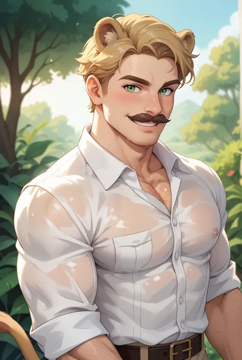 Muscular gentleman. 35 years old. Refined but primal Lion demihuman, lion ears and tail with human body. Wide square face, defined cheekbones and smile lines. Deep Side parted short blonde hair, chiseled wide jaw, roman nose, mustache, stubble, smiling, bl...