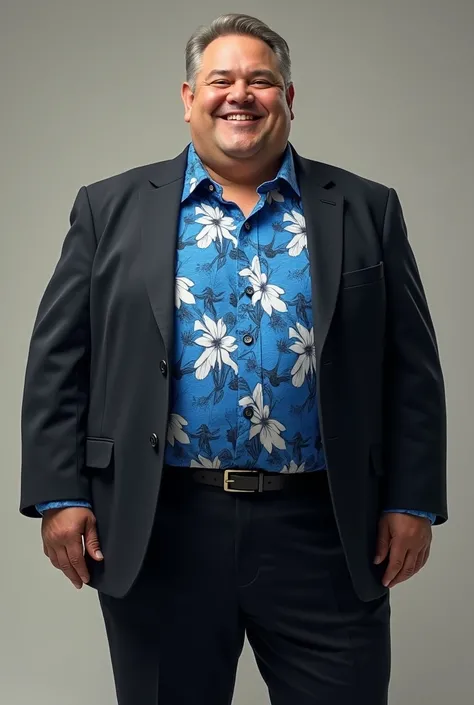 fat man with open tuxedo and Blue Floral apolo inside
