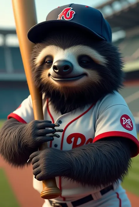 Create a black sloth with a baseball players uniform 