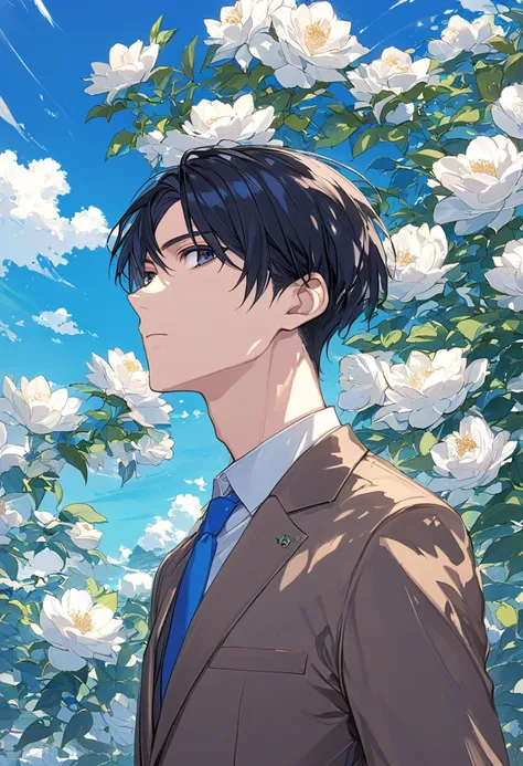 （extremely detailed CG:1.5）、（crisp quality:1.5）、 mature male 、Alone、Beautiful Youth、（detailed facial depiction :1.3）、Short Hair、Straight Hair、 black hair、tsurime、 dark eyes、 No Emotion、sharp eyes、 school uniform、Brown blazer、 White collared shirt 、 blue ti...