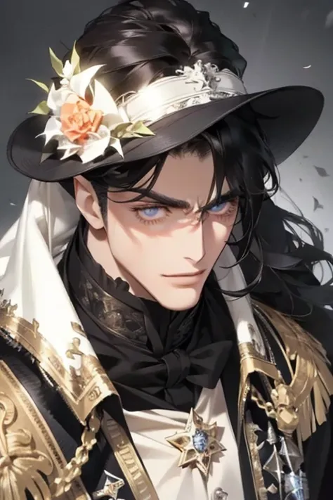 1 macho, adult, beautiful,smile in love expression， long black hair ， upper body， silver dark eyes ， clear eyes，close up，sharp eyes，Noble, duke,  Victorian era.  with a soft expression .