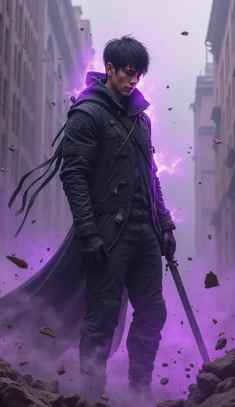 Young guy with dark hair, wearing tactical clothes with purple eyes,  amid destruction and magical chaos.  purple effects . ash around . metaphor of rebirth and pain .  Ash particles in the air .  short hair . realistic image.  Torn clothes, Bullet marks, ...