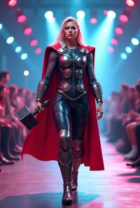 

" Create a 3D image of a  dressed as Thor ,  parading in a fashion event environment .  The  must be wearing detailed armor and holding a toy hammer, with a fun and confident expression .  The setting must include three-dimensional elements such as a sty...