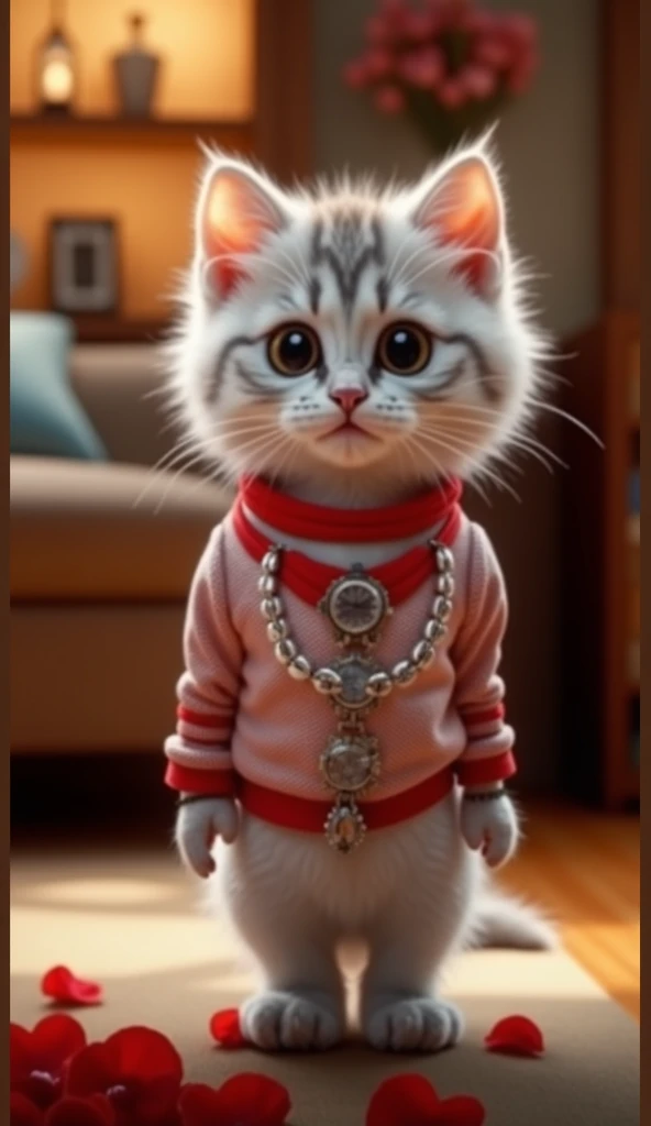 kitten is cosplaying in Red jeans, fancy shirt, shoes, Chain in neck, bracelet, watch, Symmetrical, Face in the center, face facing the front, Background In the city, Standing on two hind leg, Red jeans, fancy shirt, shoes. 4K, 8K,