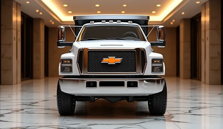 A front-side view of a luxury 1995 Chevrolet C3500 Dump truck in a glossy hash white finish, showcased in a luxurious indoor showroom with polished, reflective marble flooring and ambient lighting. The front grille is large and detailed with chrome accents...