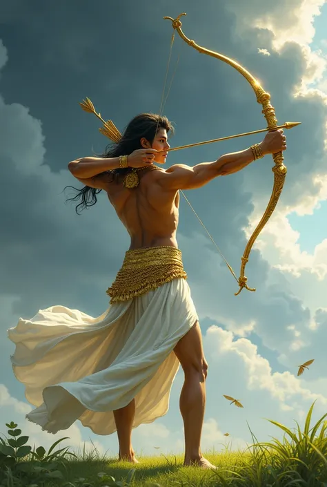 Arjuna, young body, fair yellow white pink skin, wearing a white bottom only dress up to ankles, a golden armour, striking an arrow from a golden bow to a dark cloud on sky, targeting the sky, like a real warrior, from a green ground