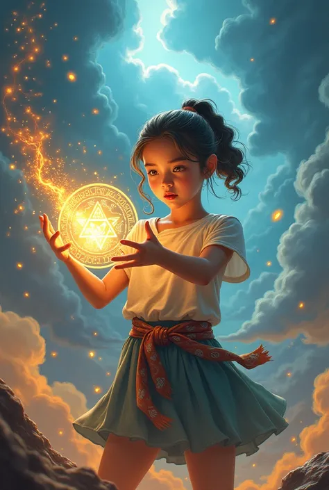 dynamic epic illustration of a girl with glowing magic signs in the air
