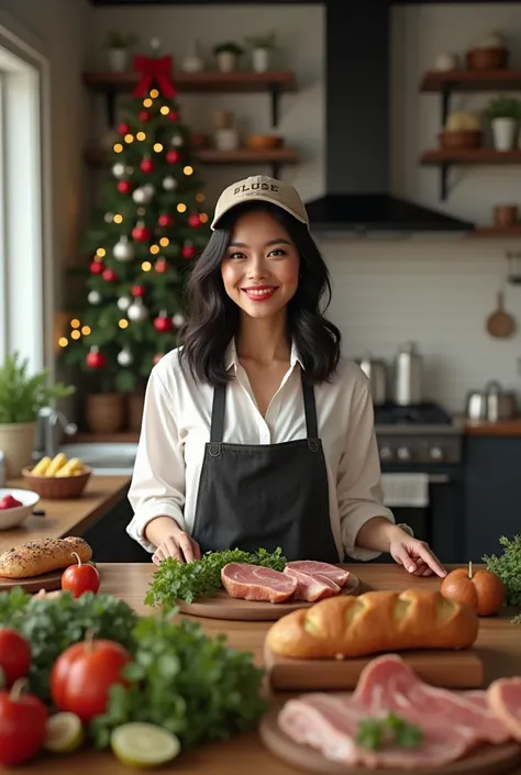 (photorealism:1.2), beautiful woman(a shoulder straight haircut) black hair, baseball hat, perfect makeup, red lipstick, white t-shirts, cooking for christmas eve, kitchen, detailed cooksware, a bit smile looking to the camera, christmas tree, blender, veg...