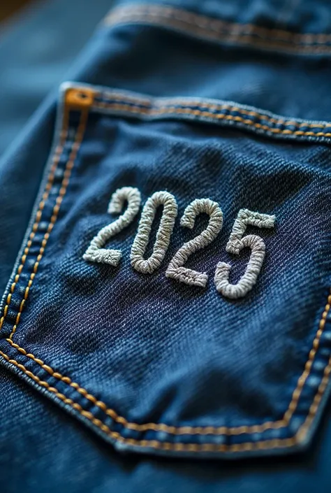 Let the inscription 2025 be written on a denim fabric between yarns and cotton