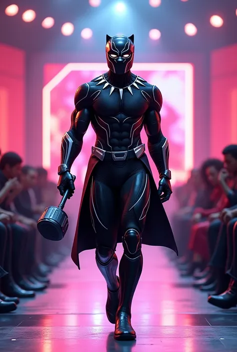 

"Create a 3D image of a  dressed as a black panther,  parading in a fashion event environment .  The  must be wearing detailed armor and holding a toy hammer, with a fun and confident expression .  The setting must include three-dimensional elements such...