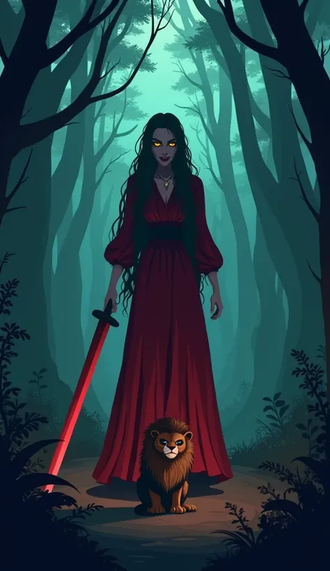  "A spooky jungle scene at night. A mysterious woman wearing a red frock stands eerily in front of a dark, dense forest. She has long, flowing hair, glowing eyes, and a wicked smile. Holding a large, menacing sword, she stands motionless as a 3D pixel cart...