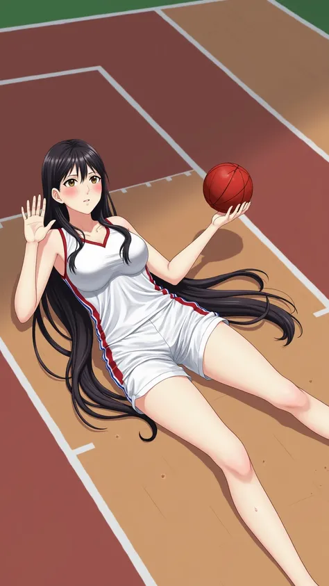  Ultra HD,illustration， wallpaper ，basketball court，On the floor，Lying Japanese girl ， Red-Faced, pant，long hair, Big breasts，Wear white sportswear，Sweating all over，Water drop effect ，  Shy looking at the audience ，3D Rendering, 