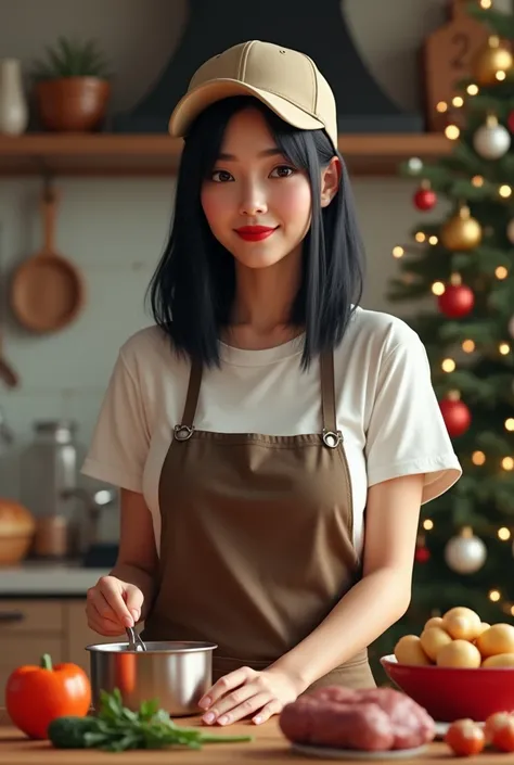 (photorealism:1.2), beautiful woman(a shoulder straight haircut) black hair, baseball hat, perfect makeup, red lipstick, white t-shirts, celemek, cooking for christmas eve, kitchen, detailed cooksware, a bit smile looking to the camera, christmas tree, ble...