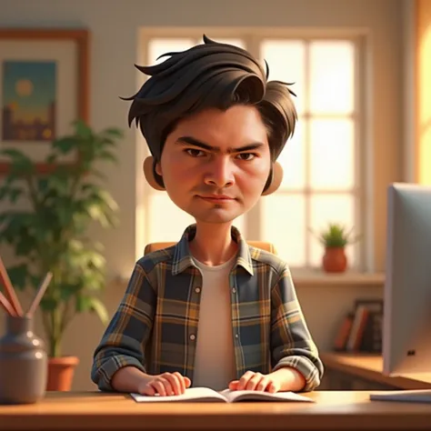 Turn the person in the photo into an animated character , That he is in an office, Wear casual clothes that you are happy ,  Who wears a plaid shirt and who has short or very small hair.